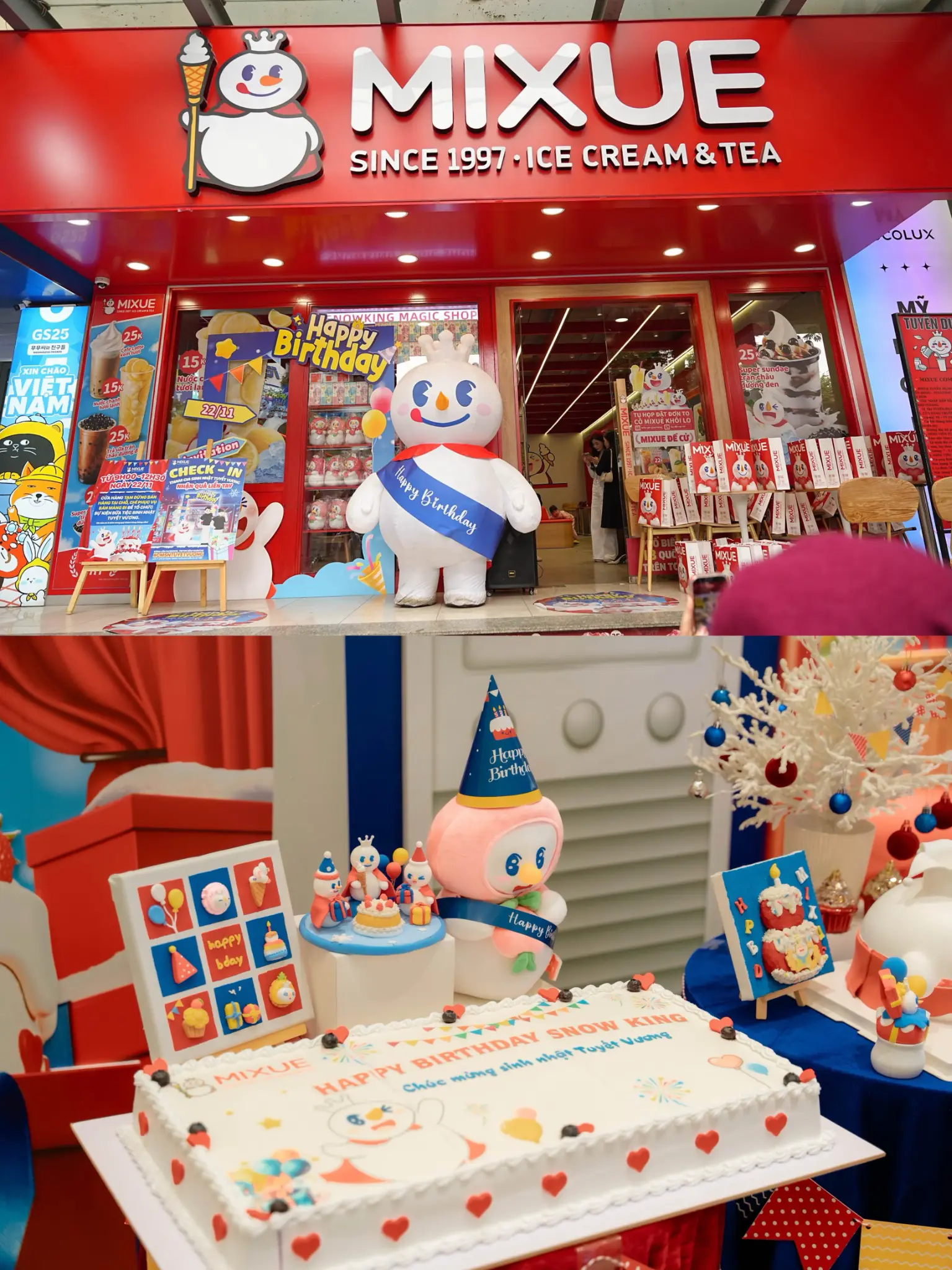 MIXUE birthday celebration with mascot, decorations, and anniversary cake display